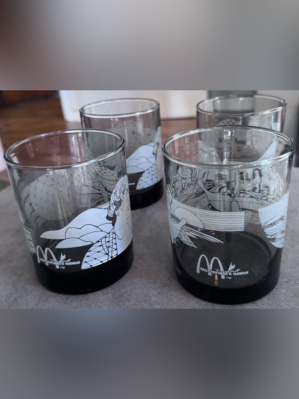 McDonald's Vintage Hawaii Gray Glass Tumblers with White Graphics, 1980s